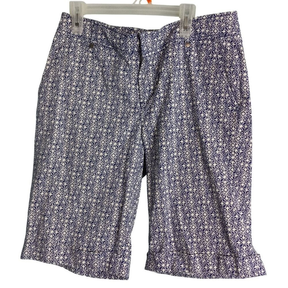 Athleta Size 6 Shorts Womens Bermuda Blue White Patterned Cuffed Athletic Pocket